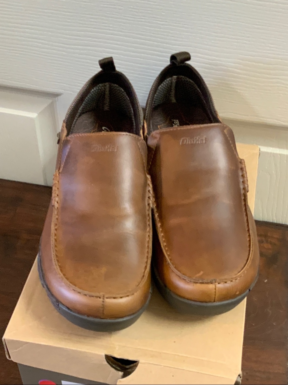 OluKai Men's Brown Leather Slip-On Loafers. NA’I WP FOX DK WOOD